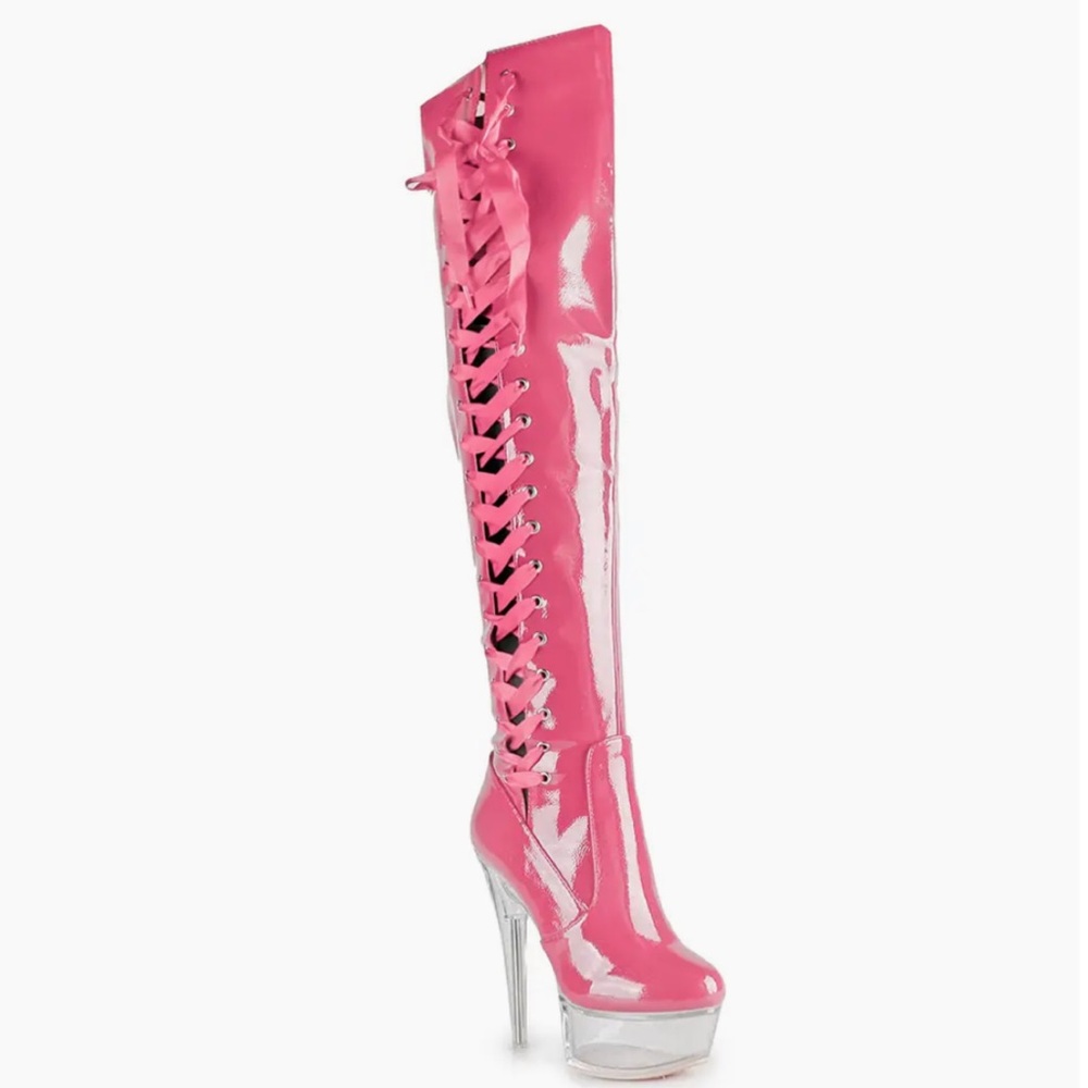 Size 5.5 6 Patent Pink Heeled Boots with Lace-Up Design